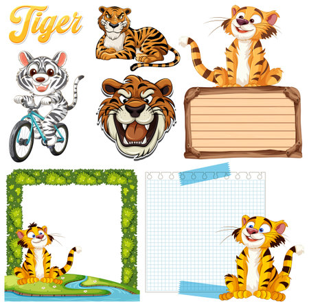 Cute tiger designs with frames and stationeryのイラスト素材