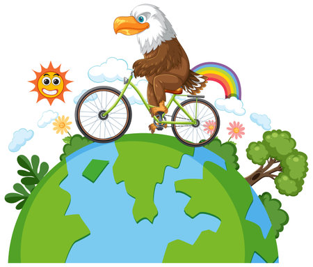 Eagle cycling on Earth with rainbow and sunのイラスト素材