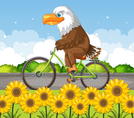 An eagle on a bike amidst blooming sunflowersのイラスト素材
