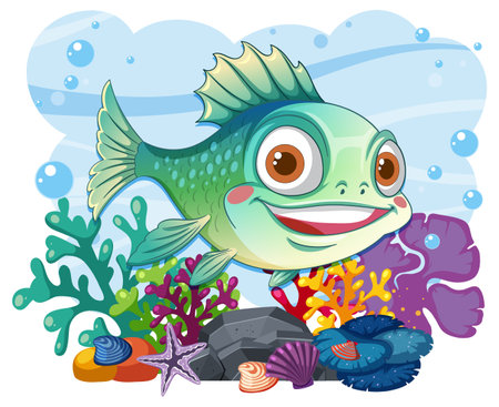 Cheerful fish swimming among vibrant coral and shellsのイラスト素材