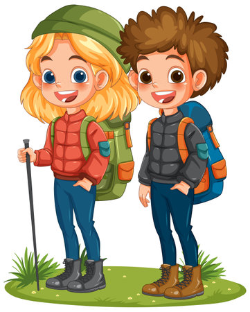 Two kids hiking with backpacks and smilesのイラスト素材