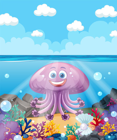 Happy jellyfish surrounded by colorful underwater sceneryのイラスト素材
