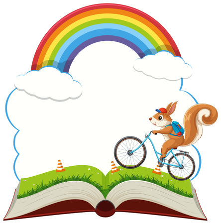 Squirrel rides a bike over an open bookのイラスト素材