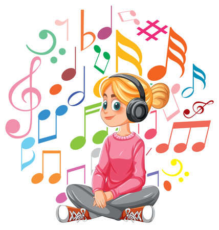 Young girl listening to music with colorful notesのイラスト素材