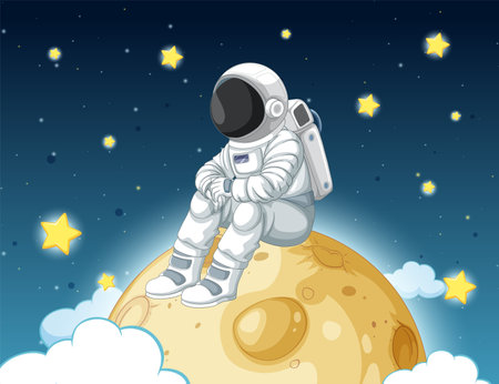 Astronaut sitting on moon surrounded by starsのイラスト素材
