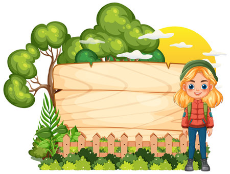 A child stands near trees and a wooden signのイラスト素材