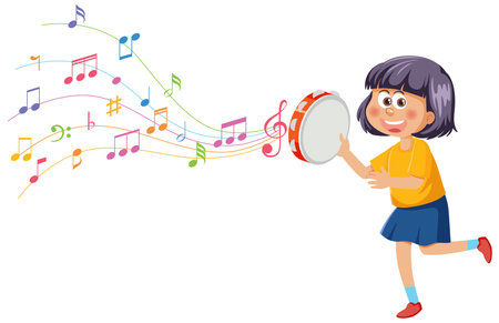 Child playing tambourine with vibrant musical notesのイラスト素材