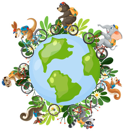 Animals on bikes circling a green Earthのイラスト素材