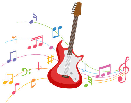 Vibrant guitar surrounded by colorful musical notesのイラスト素材