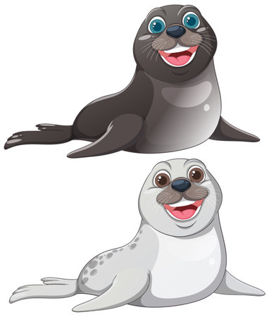 Two cartoon seals with joyful expressionsのイラスト素材