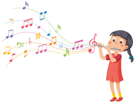 Girl playing flute with vibrant musical notesのイラスト素材