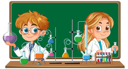 Two kids experimenting with colorful chemical solutionsのイラスト素材
