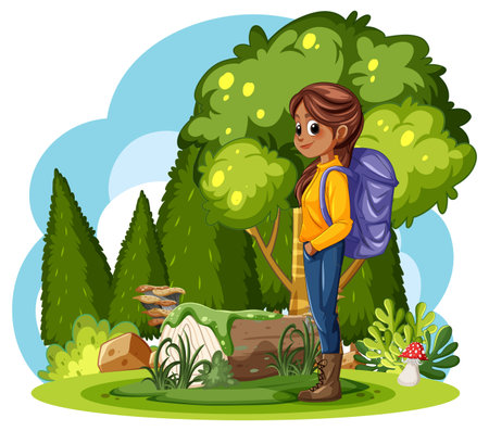 A girl with a backpack in a forestのイラスト素材