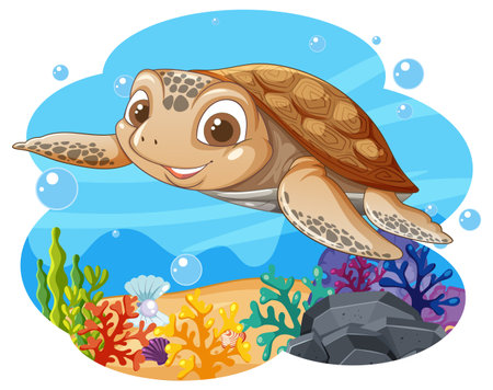 Happy turtle swimming among colorful coral and bubblesのイラスト素材