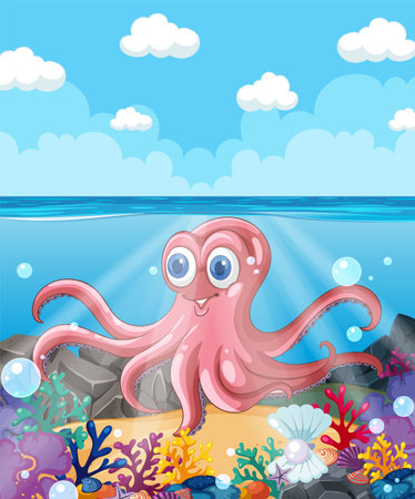 Happy octopus surrounded by colorful underwater sceneryのイラスト素材