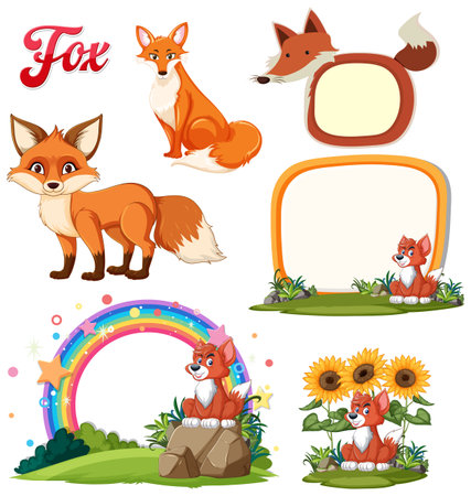 Colorful foxes with frames and nature elementsのイラスト素材