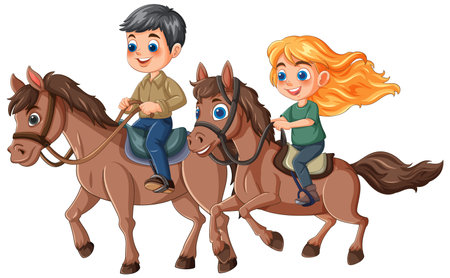 Two children happily riding horses togetherのイラスト素材