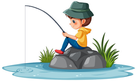 A child fishing on rocks by a pondのイラスト素材