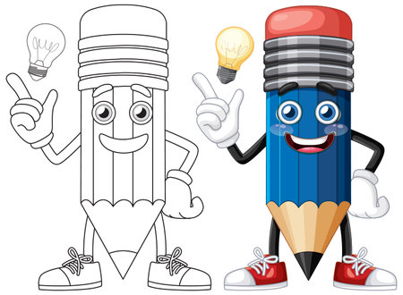 A vibrant vector illustration of a smiling pencil character with a lightbulb, showcasing creativity and ideas in a playful styleのイラスト素材