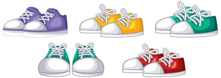 Vibrant vector illustration of cartoon sneakers in various colors. Simple composition with bold outlines and flat colorsのイラスト素材