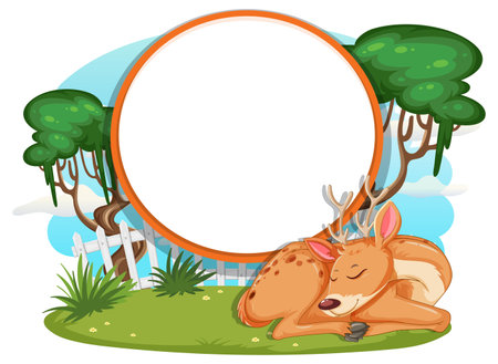 Illustration of a sleeping deer with blank nature-themed frame backgroundのイラスト素材