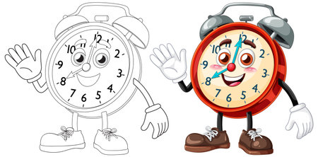 A vibrant vector illustration of a smiling clock character, featuring colorful and monochrome versions, ideal for educational materialsのイラスト素材