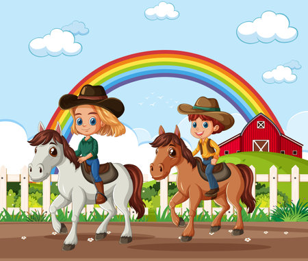 Two happy children riding horses near a farm with rainbowのイラスト素材