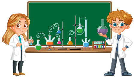 Two kids experimenting with colorful lab equipmentのイラスト素材