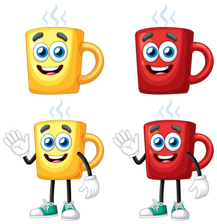 Vector illustration of animated mugs with smiling faces, vibrant colors, and playful poses. Perfect for playful designs and marketingのイラスト素材