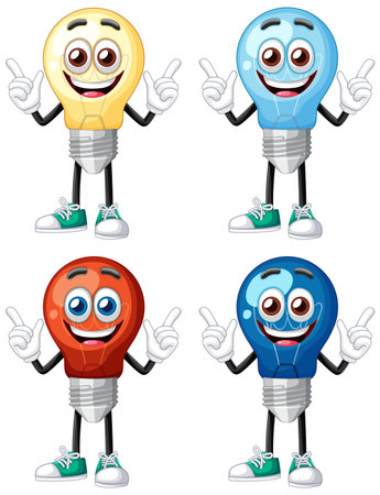 Vector illustration of four vibrant cartoon light bulb characters with expressive faces and playful posesのイラスト素材