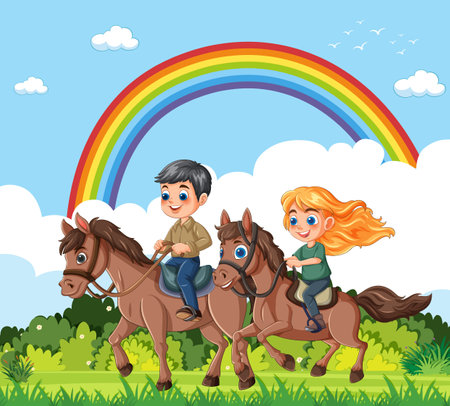 Two joyful children riding horses beneath a colorful rainbow skyのイラスト素材