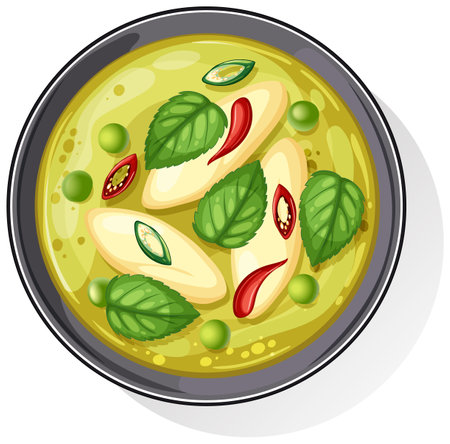 Colorful vector illustration of a Thai green curry dish with fresh herbs and spices in a circular compositionのイラスト素材