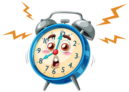 Vector illustration of a surprised alarm clock with expressive face, vibrant colors, and dynamic compositionのイラスト素材