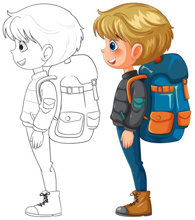 A cheerful child with a colorful backpackのイラスト素材