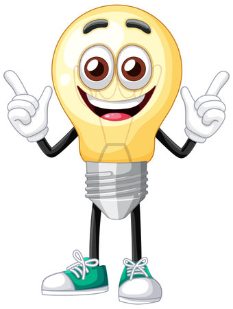 A vibrant vector illustration of a smiling light bulb character with expressive eyes and sneakers, conveying creativity and energyのイラスト素材