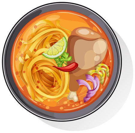 Colorful vector illustration of Asian noodle soup with chicken, lime, and chili. Bold colors and top-down composition enhance visual appealのイラスト素材