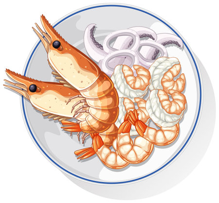 Detailed vector illustration of a seafood dish with shrimp and squid rings on a white plateのイラスト素材