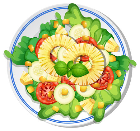 Colorful vector illustration of a tropical salad with pineapple, lettuce, tomatoes, and cucumbers on a white plateのイラスト素材