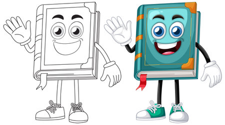 Vector illustration of two animated book characters, one colored and one outlined, showcasing playful expressions and vibrant designのイラスト素材