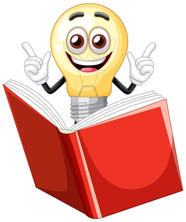 A playful vector illustration of a smiling light bulb character with a book, emphasizing creativity and learningのイラスト素材