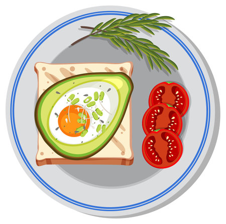 Vector illustration of avocado toast with egg, tomatoes, and herbs on a plate. Bright colors and clean lines enhance appealのイラスト素材