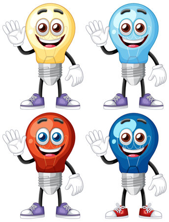 Vector illustration of four cheerful light bulb characters in various colors, each waving and wearing sneakersのイラスト素材