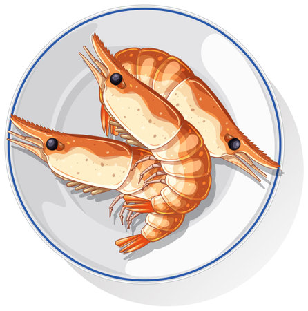 Detailed vector art of two shrimp on a white plate with realistic shading and vibrant colorsのイラスト素材