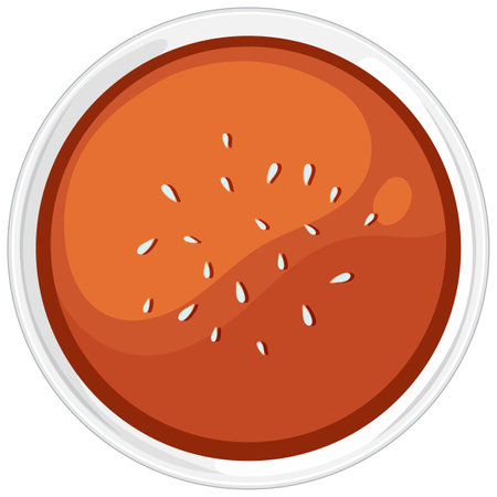 Minimalist vector illustration of a round bowl filled with Asian sauce, featuring a vibrant orange hue and sesame seedsのイラスト素材