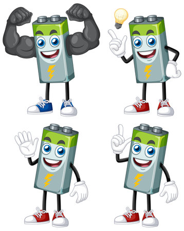 Vector illustration of animated battery characters with expressive faces and dynamic poses, featuring vibrant colors and playful designのイラスト素材