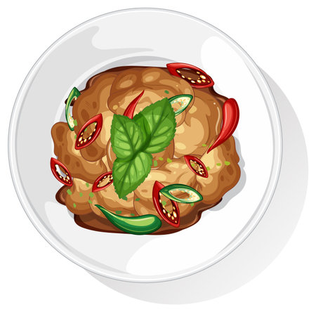 Colorful vector illustration of Thai basil chicken with vibrant peppers and fresh herbs on a white plateのイラスト素材