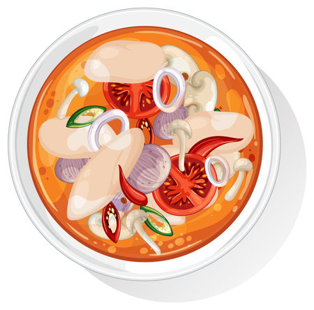 Colorful vector illustration of a Thai soup with mushrooms, tomatoes, and spices in a white bowlのイラスト素材