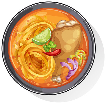 Vector illustration of a colorful Asian noodle soup with chicken, lime, and vegetables in a black bowlのイラスト素材