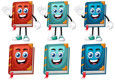 Vector illustration of colorful cartoon books with smiling faces and animated limbs, showcasing playful and vibrant design elementsのイラスト素材