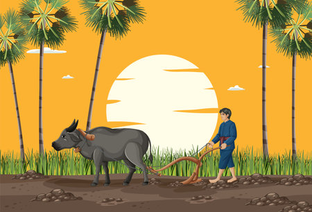 Vector illustration of a farmer plowing with an ox under palm trees, set against a vibrant sunset backgroundのイラスト素材